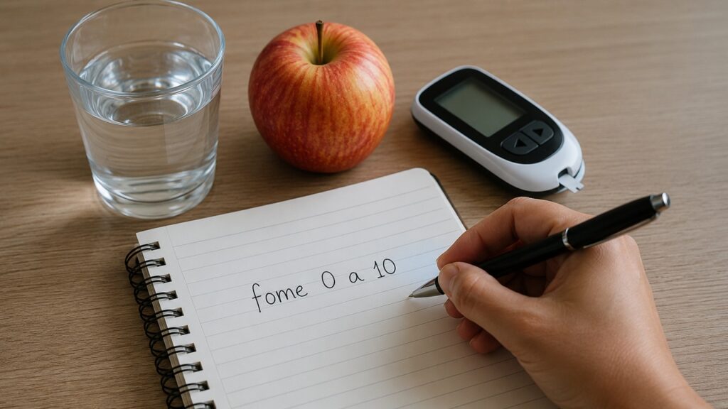 Registrar sinais do corpo antes das refeições ajuda a reconhecer padrões de fome e saciedade.