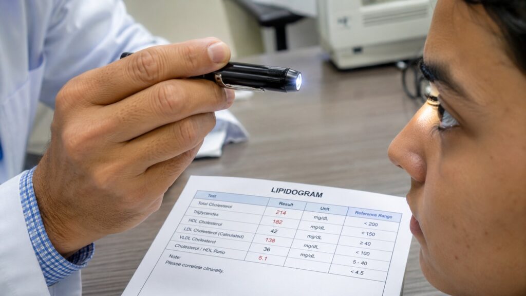 A avaliação oftalmológica e exames de sangue ajudam a diferenciar alteração benigna de sinal metabólico.