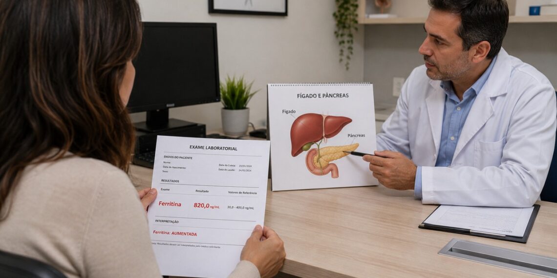 Ferritina alta persistente pode exigir investigação para proteger fígado, pâncreas e metabolismo.