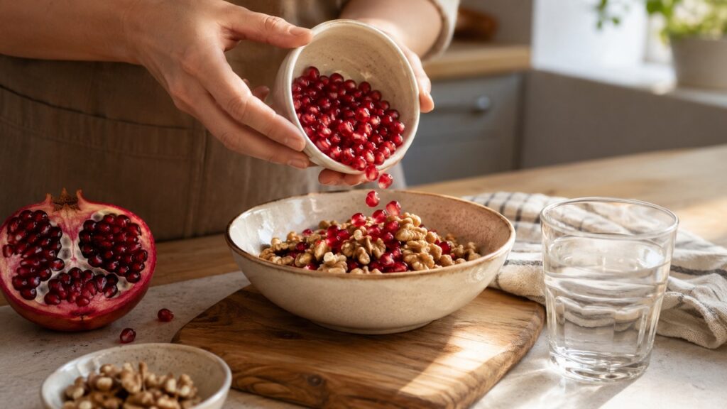 Alimentos ricos em compostos naturais podem apoiar a produção intestinal de Urolitina A.