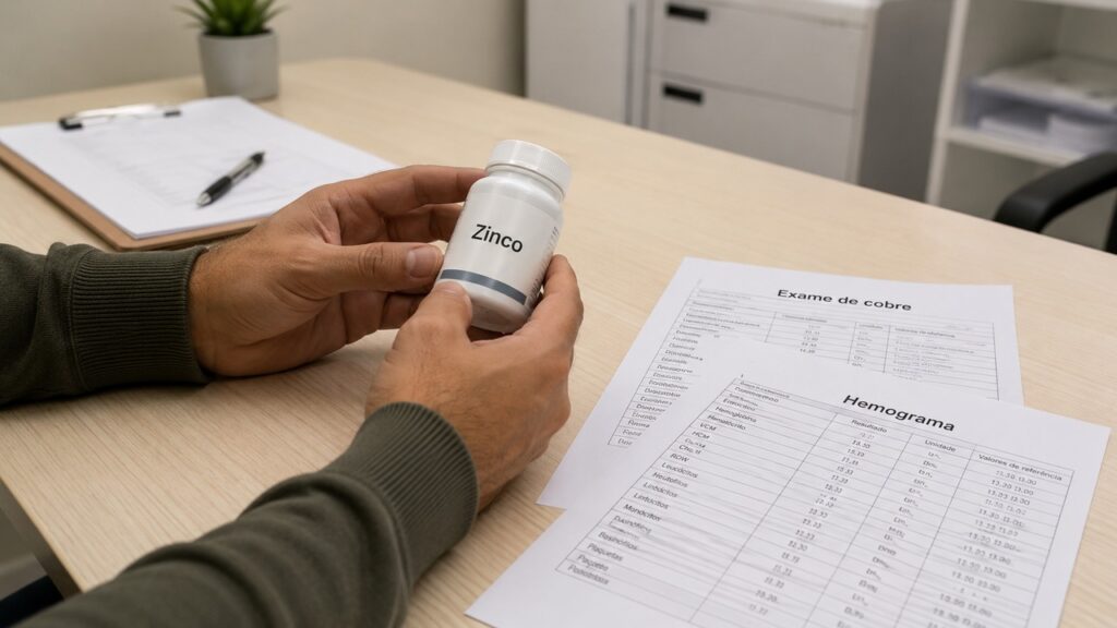 Doses altas de zinco por longos períodos podem exigir avaliação do cobre e do hemograma.