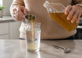 Diluir o vinagre de maçã reduz o contato ácido direto com dentes, garganta e esôfago.
