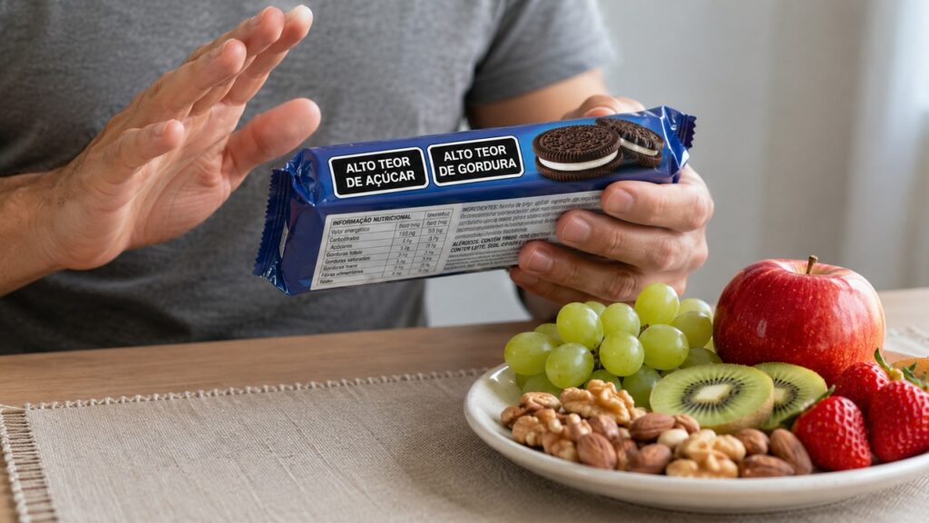 Observar rótulos ajuda a identificar alimentos que favorecem açúcar excessivo, gordura ruim e inflamação metabólica.