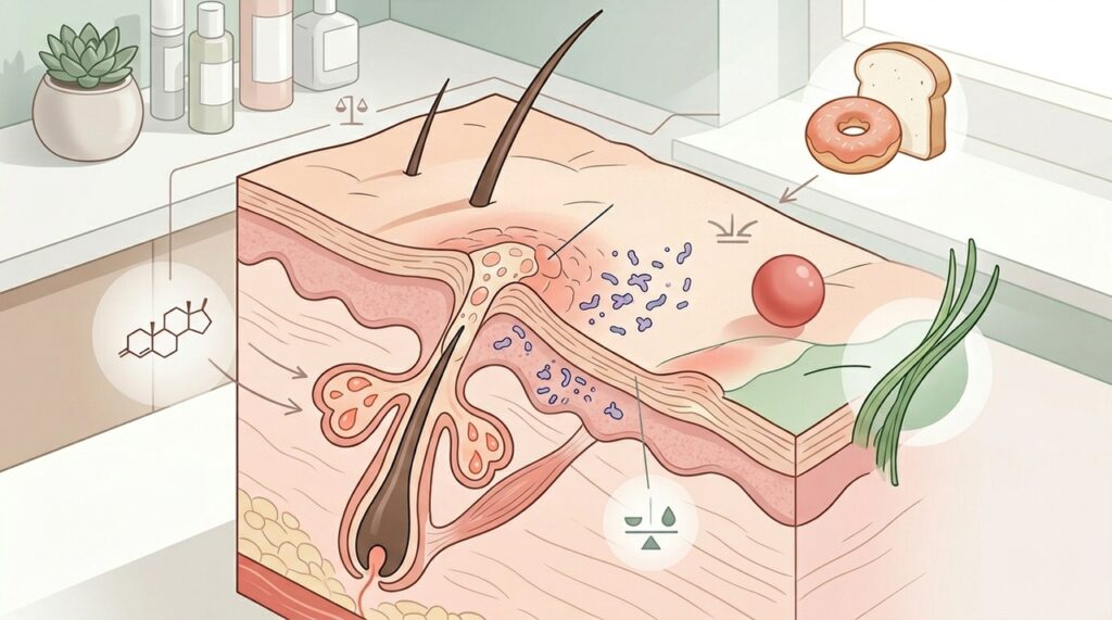 A acne na vida adulta não se deve apenas à oleosidade da pele, mas sim a alterações hormonais causadas por desequilíbrios endócrinos e inflamação sistêmica