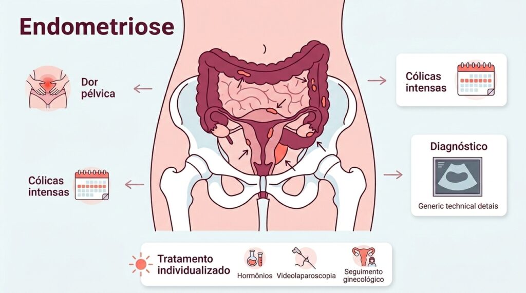 O que acontece quando o útero apresenta crescimento de tecido fora do lugar, quais são os sintomas e quais os tratamentos existentes: endometriose
