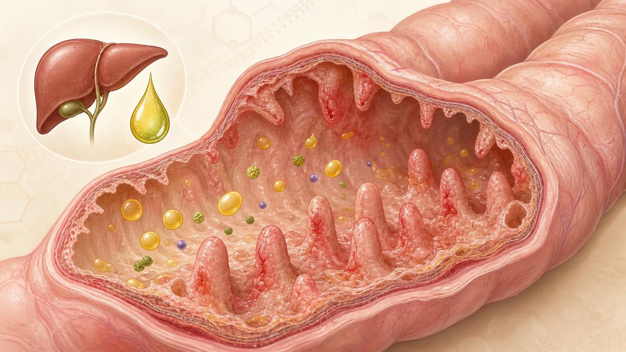 Inflamação intestinal crônica pode reduzir a absorção de gorduras e vitamina D.