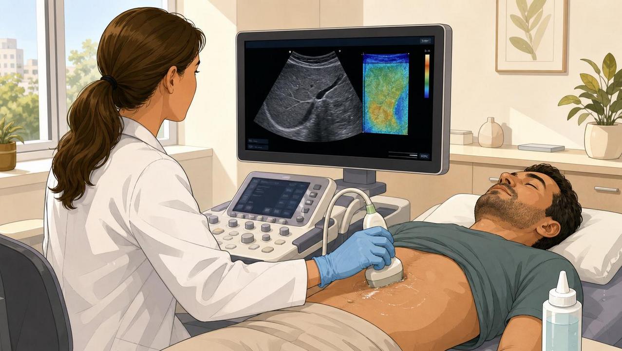 Ultrassonografia e elastografia ajudam a avaliar esteatose hepática e fibrose.