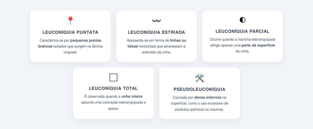 Quais são os tipos de manchas brancas nas unhas?