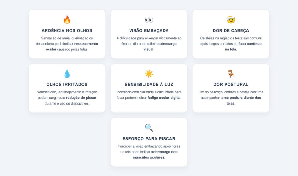 Quais sintomas indicam fadiga ocular?