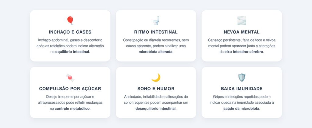 Quais sinais sugerem desequilíbrio da microbiota?