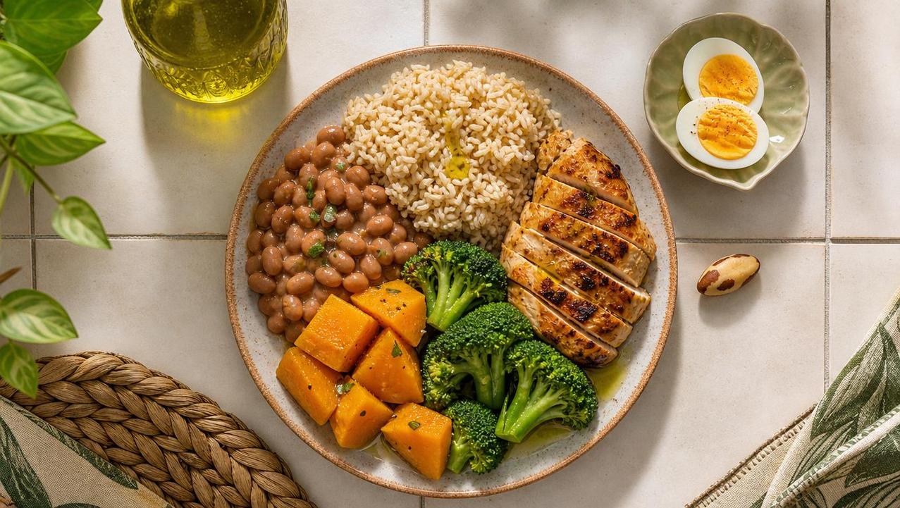 Refeição equilibrada combina proteína, colina, fibras e antioxidantes para o fígado.