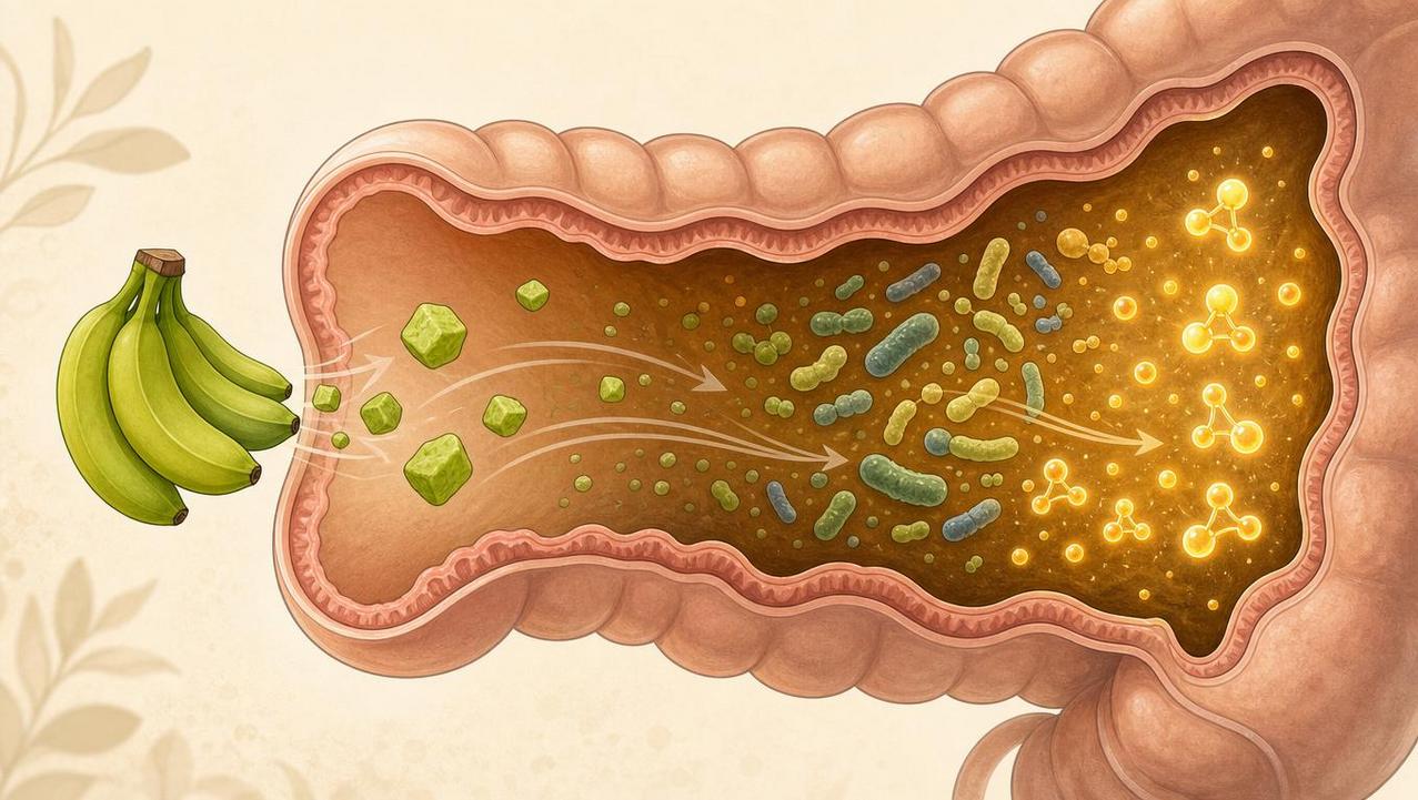 A fermentação intestinal do amido resistente ajuda a modular glicemia e metabolismo.