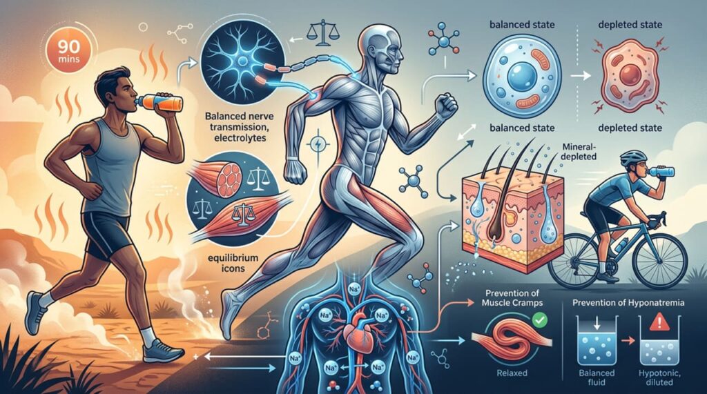 O que o eletrólito sódio faz ao desempenho físico e à hidratação durante exercícios prolongados?