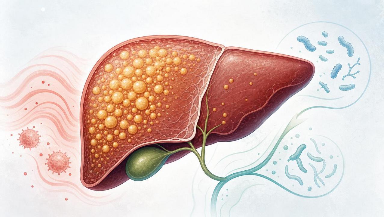 Ilustração do fígado destaca gordura hepática e inflamação sistêmica no organismo.