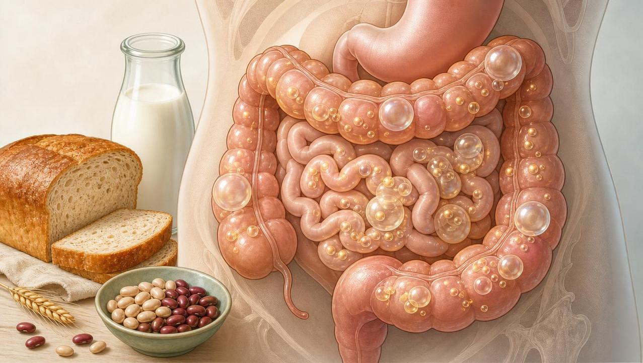Fermentação intestinal e alimentos gatilho podem aumentar estufamento e desconforto.