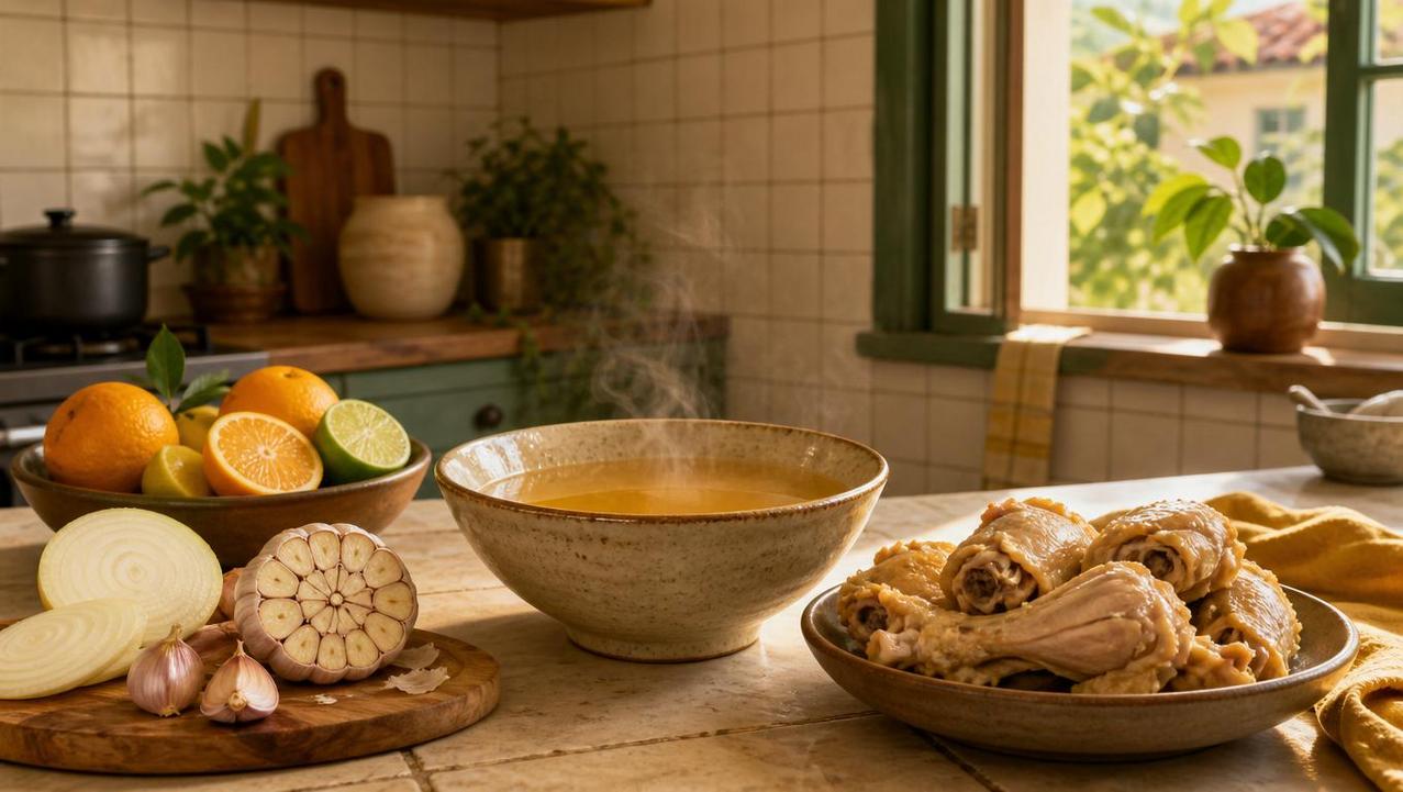 Caldo de ossos, alho e frutas cítricas apoiam a síntese de colágeno.