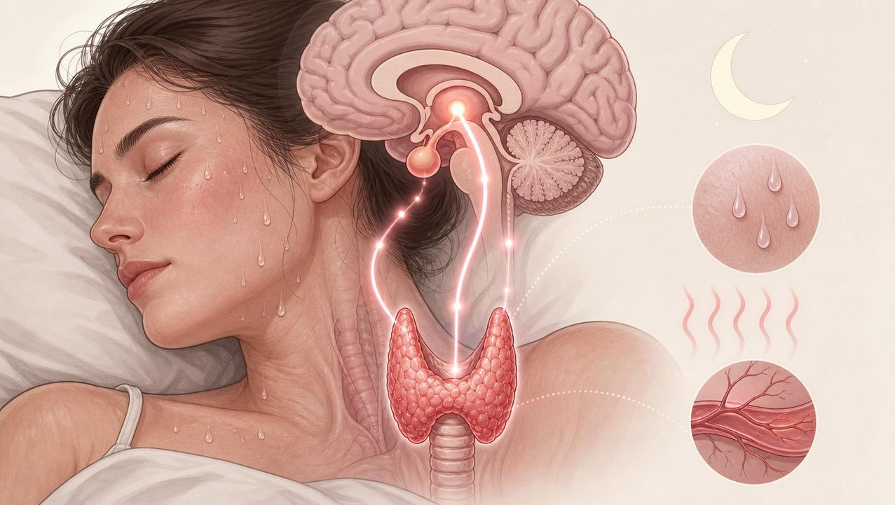 Hipotálamo e tireoide influenciam a termorregulação ligada à sudorese noturna.